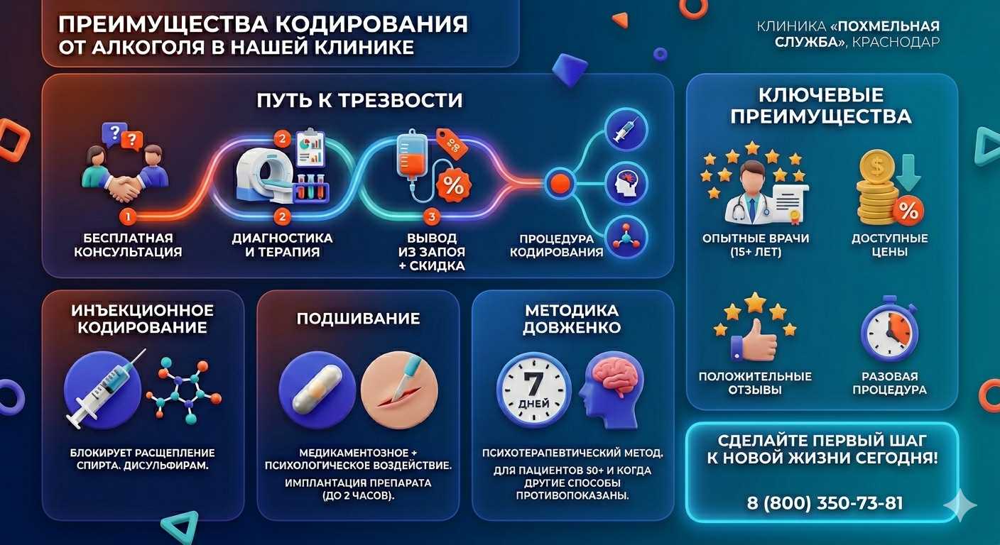 Инфографика о методах кодирования от алкоголя в Туймазах: инъекции, подшивание, метод Довженко. Преимущества клиники и этапы лечения.