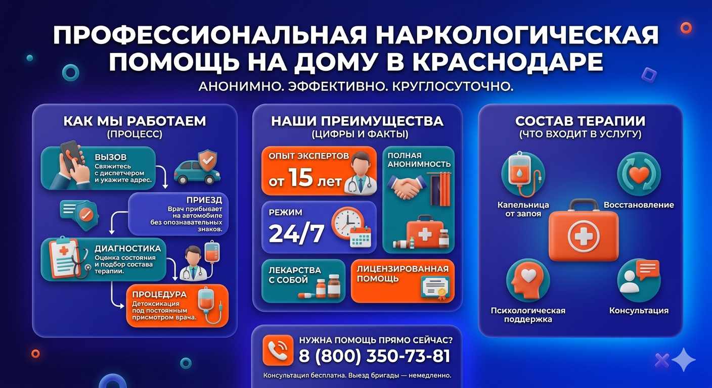 Инфографика о принципах лечения алкоголизма на дому в Туймазах: этапы вызова нарколога, преимущества анонимной детоксикации и состав медицинской помощи.